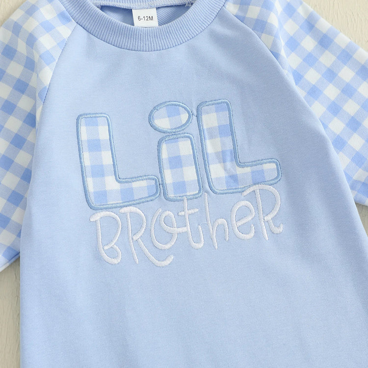 Mono de otoño para bebé niño pequeño Lil Brother con estampado de cuadros y letras bordadas, manga larga, cuello redondo y largo completo