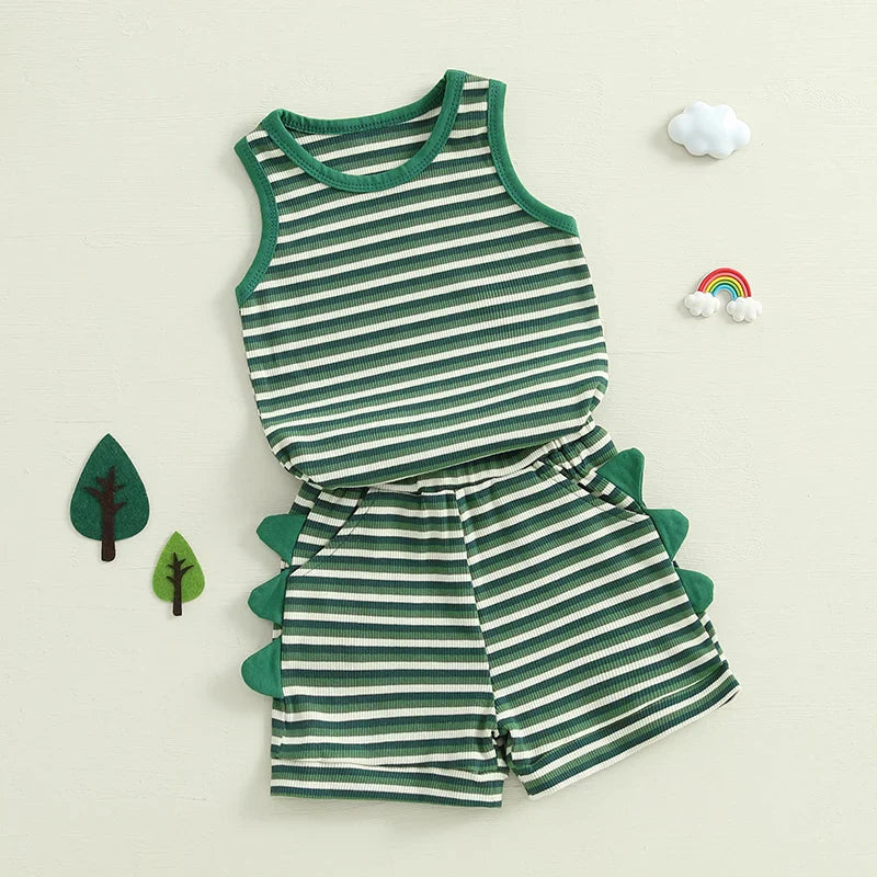 Conjunto de 2 piezas de dinosaurio a rayas para bebés y niños pequeños, camiseta sin mangas con cuello redondo, pantalones cortos con cintura elástica y bolsillos