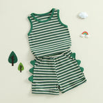 Conjunto de 2 piezas de dinosaurio a rayas para bebés y niños pequeños, camiseta sin mangas con cuello redondo, pantalones cortos con cintura elástica y bolsillos