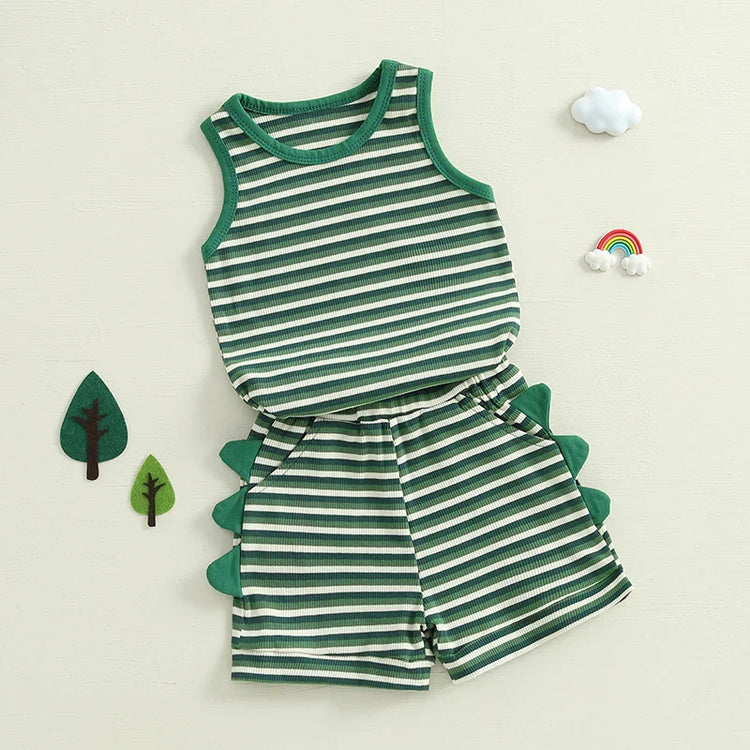 Conjunto de 2 piezas de dinosaurio a rayas para bebés y niños pequeños, camiseta sin mangas con cuello redondo, pantalones cortos con cintura elástica y bolsillos