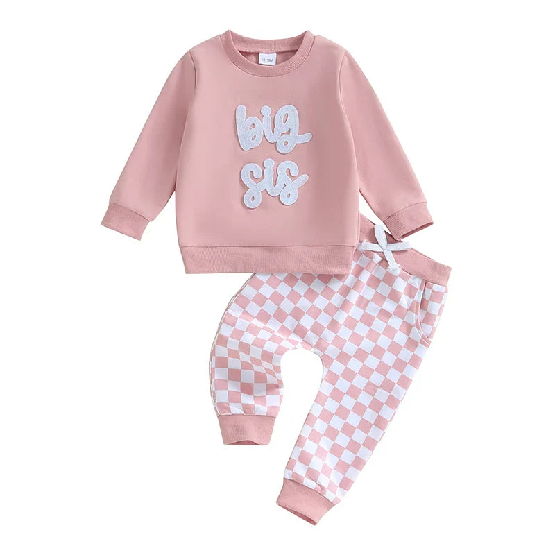 Conjunto de 2 piezas para bebé y niño pequeño, para hermano o hermana mayor, de otoño, con jersey de manga larga con bordado de letras y pantalones a cuadros