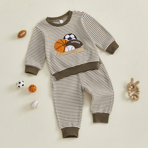 Conjunto de ropa para bebé niño pequeño, 2 piezas, otoño, con bordado de rugby, camiseta de manga larga a rayas y pantalones elásticos