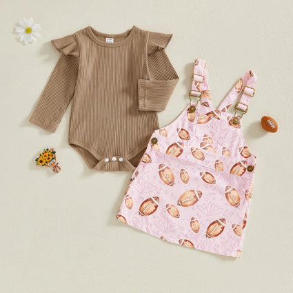 Conjunto de 2 piezas de ropa de otoño para bebés y niñas pequeñas, mono de manga larga y vestido con estampado de fútbol