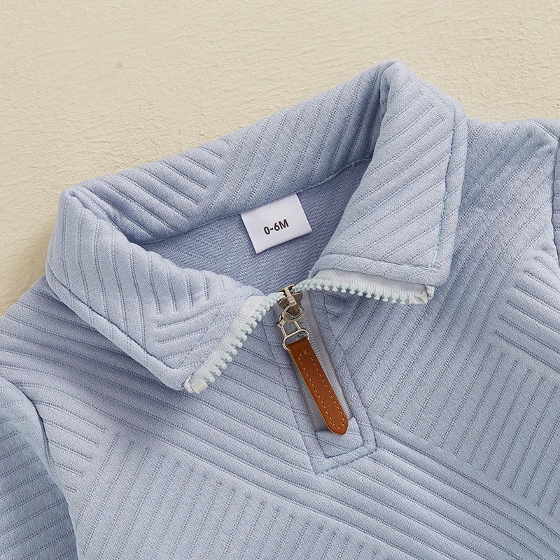 Conjunto de 2 piezas de otoño para bebés y niños pequeños, jersey de manga larga con solapa y media cremallera, conjunto de pantalones de color liso