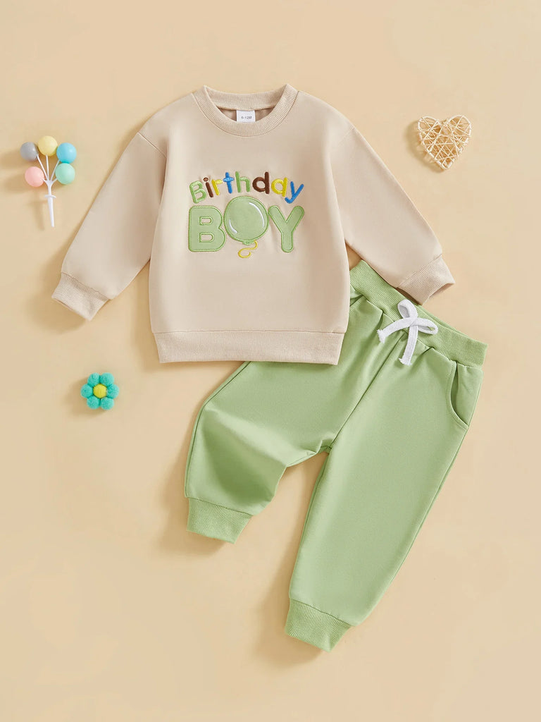 Conjunto de 2 piezas para bebé niño pequeño, traje de cumpleaños para niño, jersey de manga larga con bordado de globo y letras, cuello redondo, pantalones de chándal lisos con cintura elástica