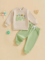 Conjunto de 2 piezas para bebé niño pequeño, traje de cumpleaños para niño, jersey de manga larga con bordado de globo y letras, cuello redondo, pantalones de chándal lisos con cintura elástica