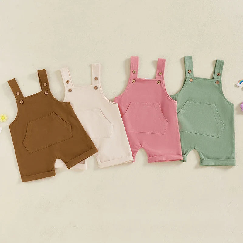Mono para bebé, niño y niña, sin mangas, cuello cuadrado, bolsillo delantero, tirantes, pantalones cortos, mono