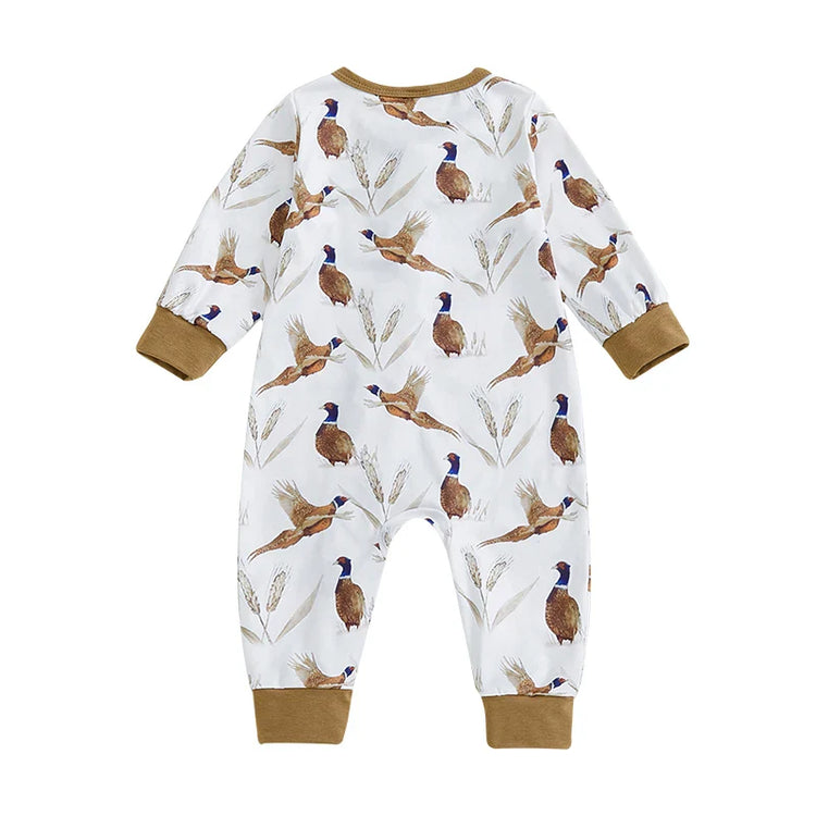 Mono de manga larga con cuello redondo y cremallera con estampado de orejas de trigo y pájaro suave para bebés y niñas