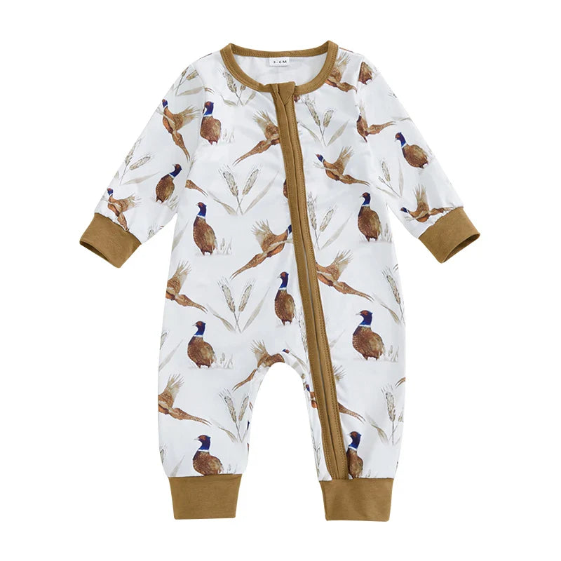 Mono de manga larga con cuello redondo y cremallera con estampado de orejas de trigo y pájaro suave para bebés y niñas