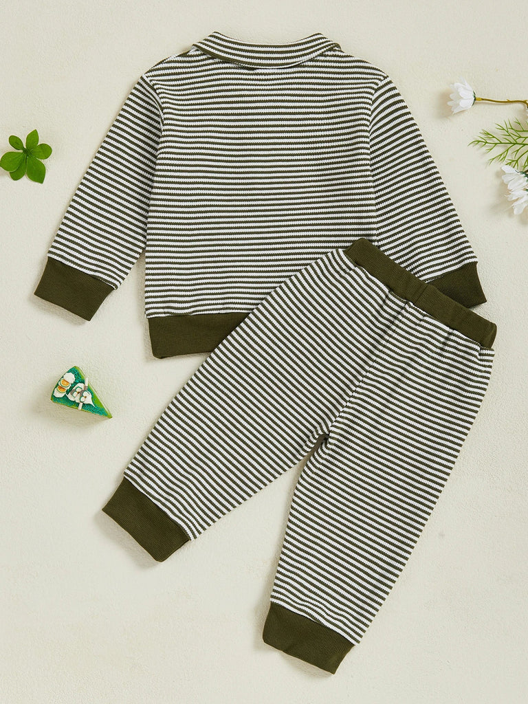 Conjunto de ropa infantil de 2 piezas con top de pato bordado de manga larga y pantalones a rayas para bebés y niños pequeños