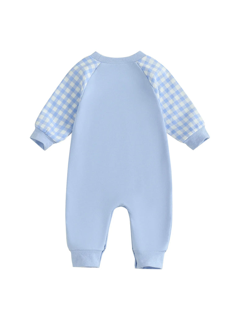 Mono de otoño para bebé niño pequeño Lil Brother con estampado de cuadros y letras bordadas, manga larga, cuello redondo y largo completo
