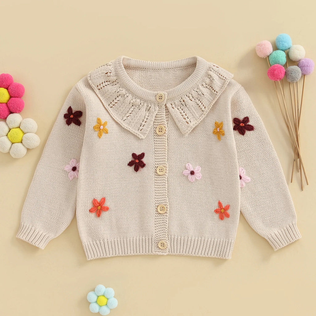 Suéter tipo cárdigan para bebé niña, diseño de flores en 3D, botones, manga larga, tejido