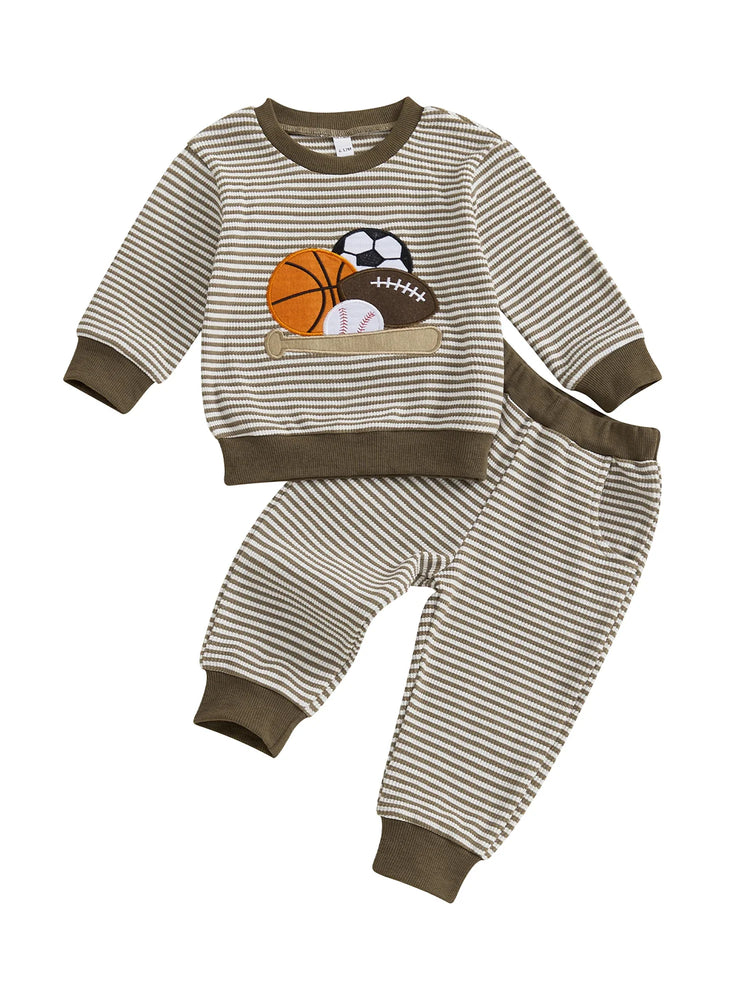 Conjunto de ropa para bebé niño pequeño, 2 piezas, otoño, con bordado de rugby, camiseta de manga larga a rayas y pantalones elásticos