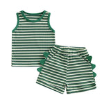 Conjunto de 2 piezas de dinosaurio a rayas para bebés y niños pequeños, camiseta sin mangas con cuello redondo, pantalones cortos con cintura elástica y bolsillos