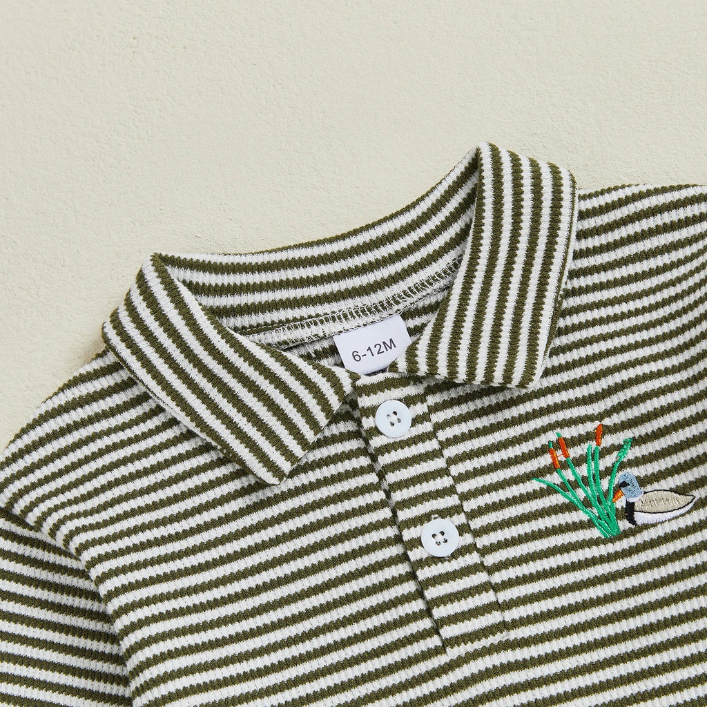 Conjunto de ropa infantil de 2 piezas con top de pato bordado de manga larga y pantalones a rayas para bebés y niños pequeños