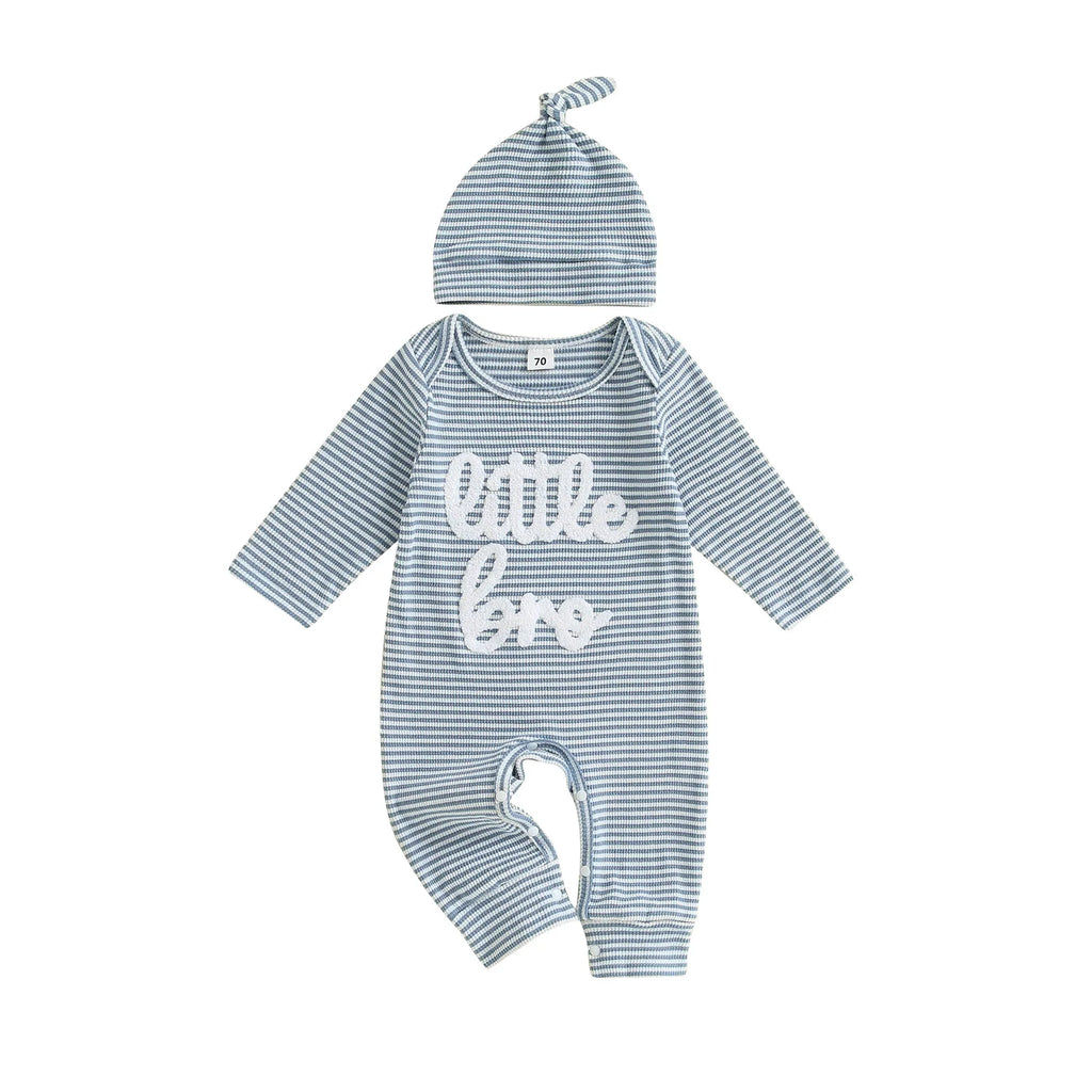 Mono de rayas de otoño para bebé niño, 2 piezas, manga larga, cuello redondo, letras, bordado, conjunto de gorro
