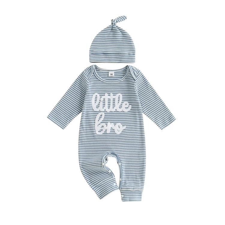 Mono de rayas de otoño para bebé niño, 2 piezas, manga larga, cuello redondo, letras, bordado, conjunto de gorro