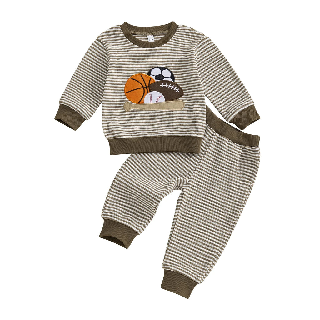 Conjunto de ropa para bebé niño pequeño, 2 piezas, otoño, con bordado de rugby, camiseta de manga larga a rayas y pantalones elásticos