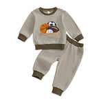 Conjunto de ropa para bebé niño pequeño, 2 piezas, otoño, con bordado de rugby, camiseta de manga larga a rayas y pantalones elásticos