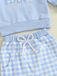 Conjunto de 2 piezas para bebé niño pequeño, otoño, con letras bordadas, camiseta de manga larga y pantalones elásticos a cuadros