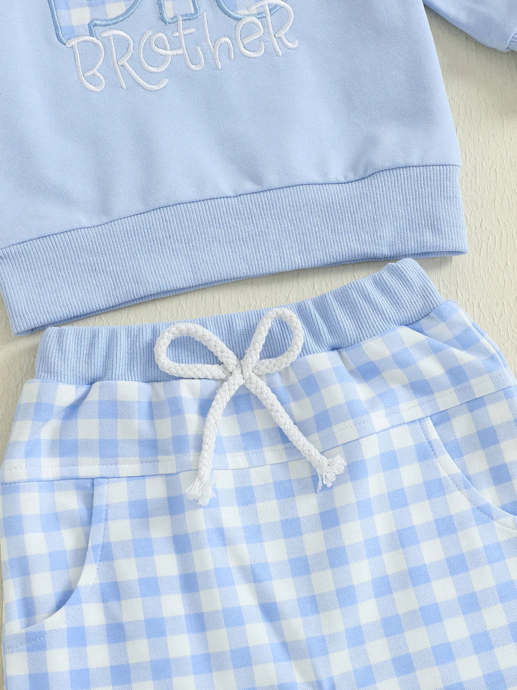 Conjunto de 2 piezas para bebé niño pequeño, otoño, con letras bordadas, camiseta de manga larga y pantalones elásticos a cuadros