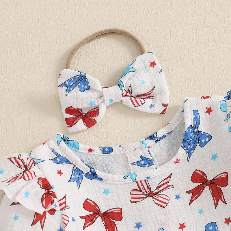 Conjunto de 2 piezas para niña bebé para el 4 de julio, con estampado de corazones y estrellas, cuello redondo con volantes, manga corta y diadema con lazo