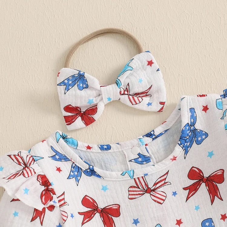 Conjunto de 2 piezas para niña bebé para el 4 de julio, con estampado de corazones y estrellas, cuello redondo con volantes, manga corta y diadema con lazo