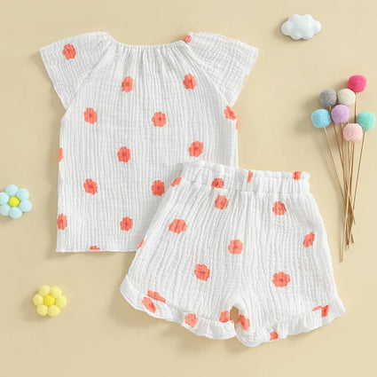 Conjunto de 2 piezas de camiseta con mangas cortas y cintura elástica con volantes para bebé y niña pequeña, conjunto de verano