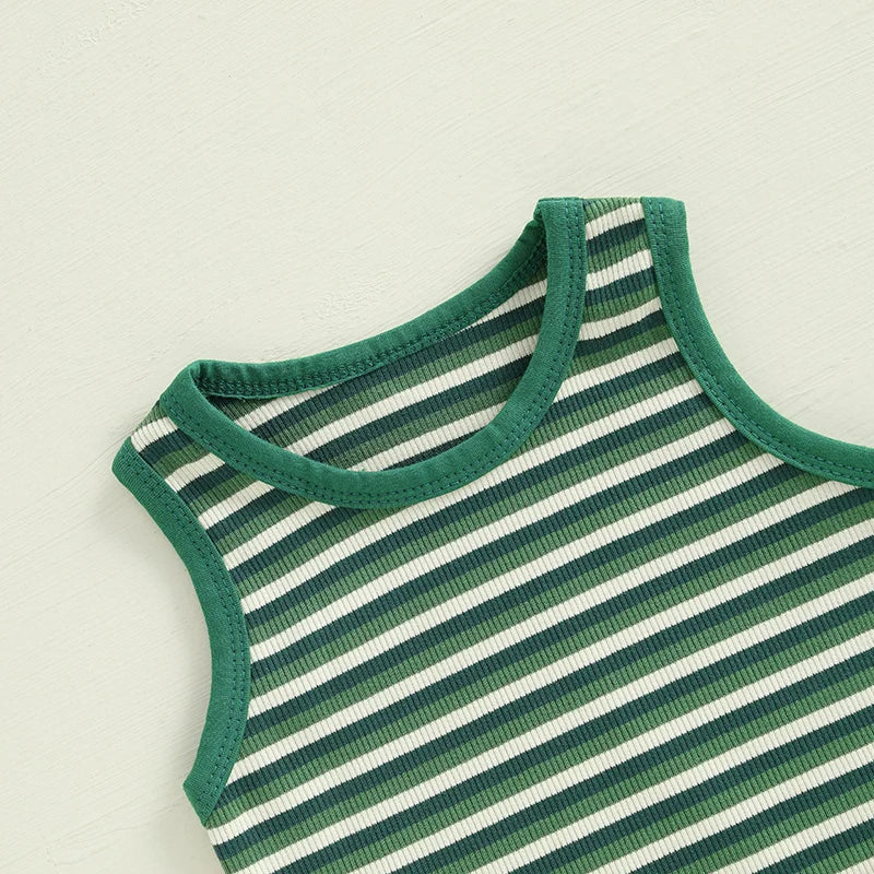 Conjunto de 2 piezas de dinosaurio a rayas para bebés y niños pequeños, camiseta sin mangas con cuello redondo, pantalones cortos con cintura elástica y bolsillos