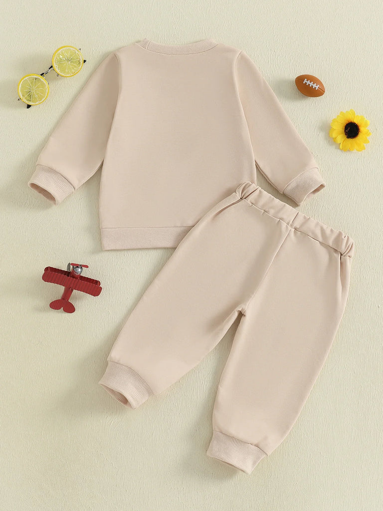 Conjunto de 2 piezas de pantalones deportivos con cordón y parte superior bordada de fútbol de manga larga para bebés y niños pequeños de otoño