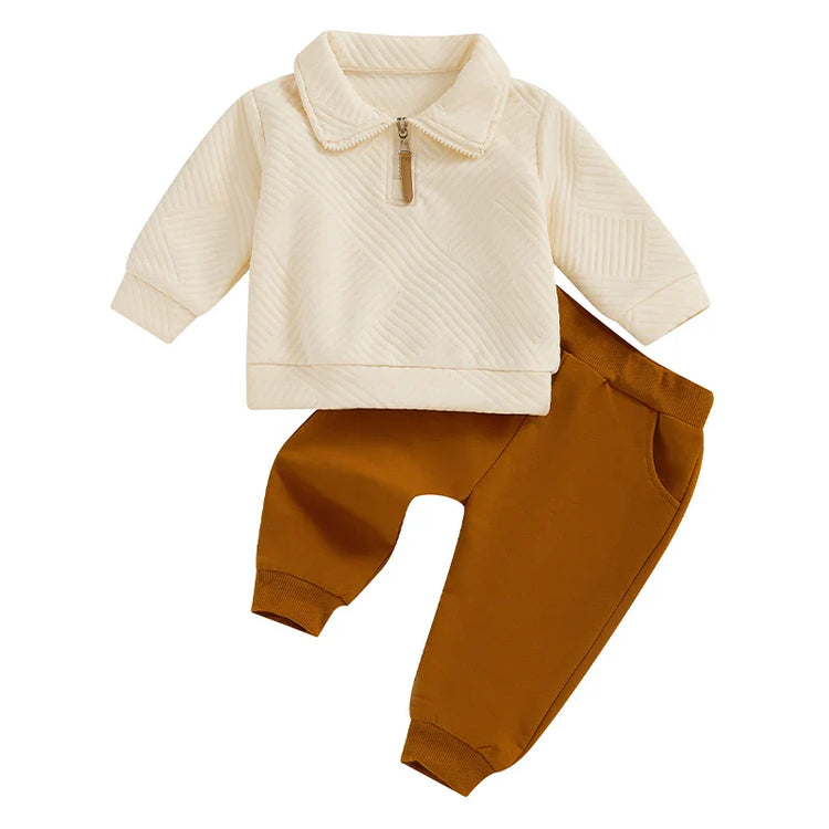 Conjunto de 2 piezas de otoño para bebés y niños pequeños, jersey de manga larga con solapa y media cremallera, conjunto de pantalones de color liso