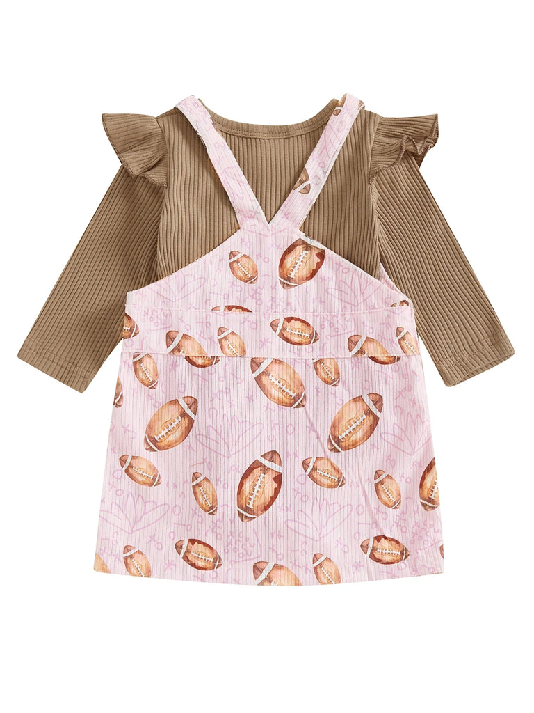 Conjunto de 2 piezas de ropa de otoño para bebés y niñas pequeñas, mono de manga larga y vestido con estampado de fútbol