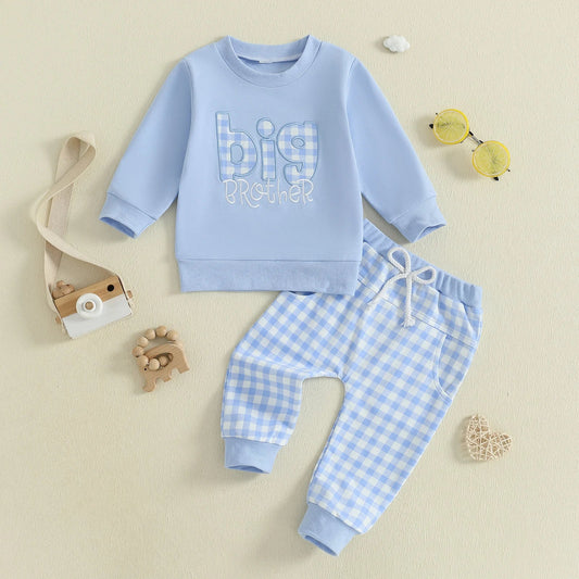 Conjunto de 2 piezas para bebé niño pequeño, otoño, con letras bordadas, camiseta de manga larga y pantalones elásticos a cuadros