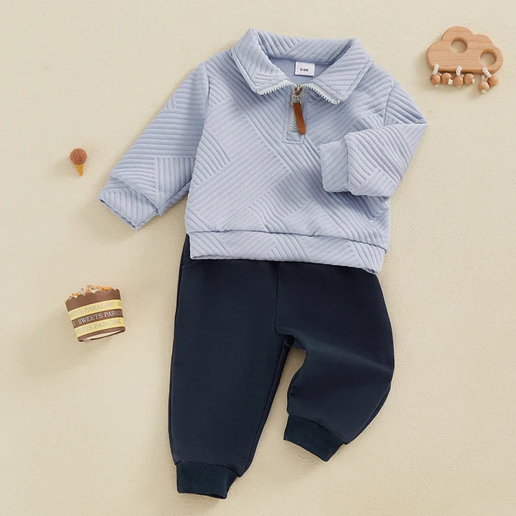 Conjunto de 2 piezas de otoño para bebés y niños pequeños, jersey de manga larga con solapa y media cremallera, conjunto de pantalones de color liso