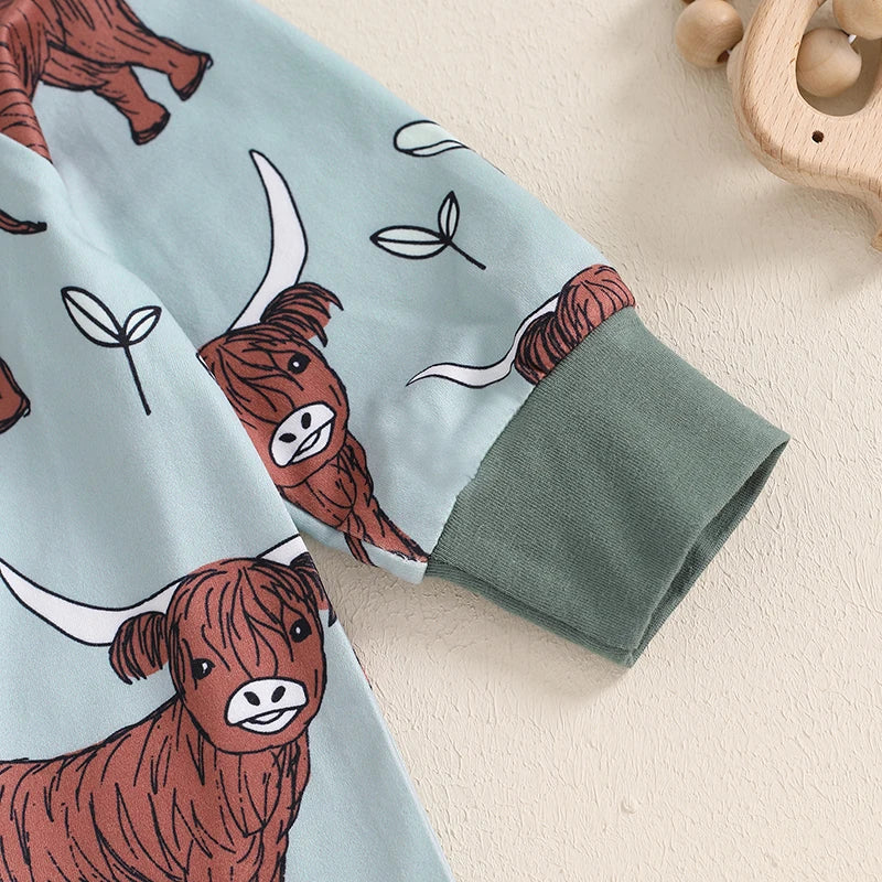 Mono de otoño con cremallera y manga larga con estampado de vaca de las Tierras Altas para bebés
