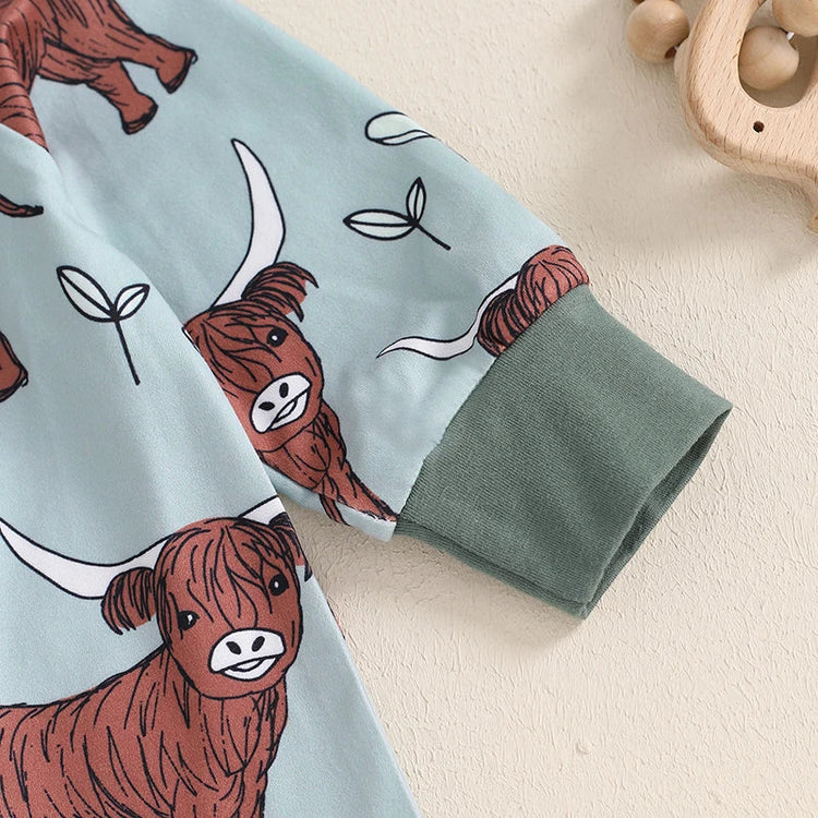 Mono de otoño con cremallera y manga larga con estampado de vaca de las Tierras Altas para bebés
