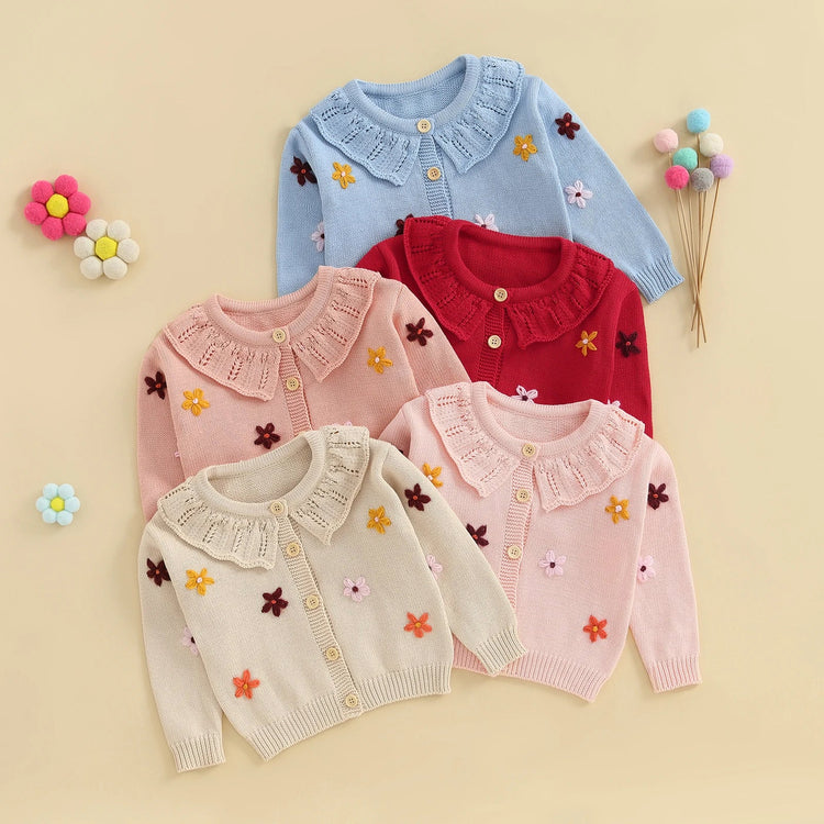 Suéter tipo cárdigan para bebé niña, diseño de flores en 3D, botones, manga larga, tejido