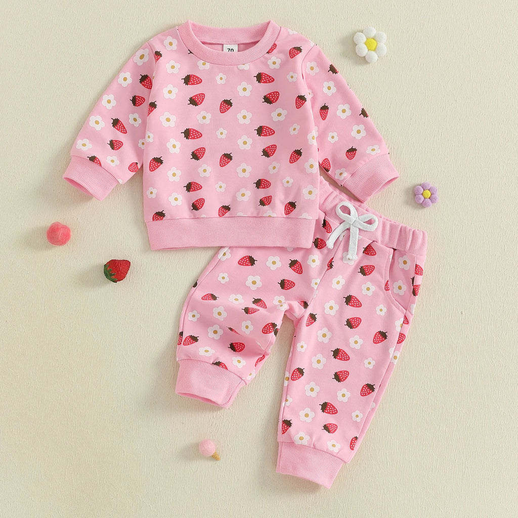 Conjunto de 2 piezas de otoño para bebé niña, camiseta de manga larga con cuello redondo y pantalones deportivos con estampado de flores de fresa