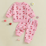 Conjunto de 2 piezas de otoño para bebé niña, camiseta de manga larga con cuello redondo y pantalones deportivos con estampado de flores de fresa