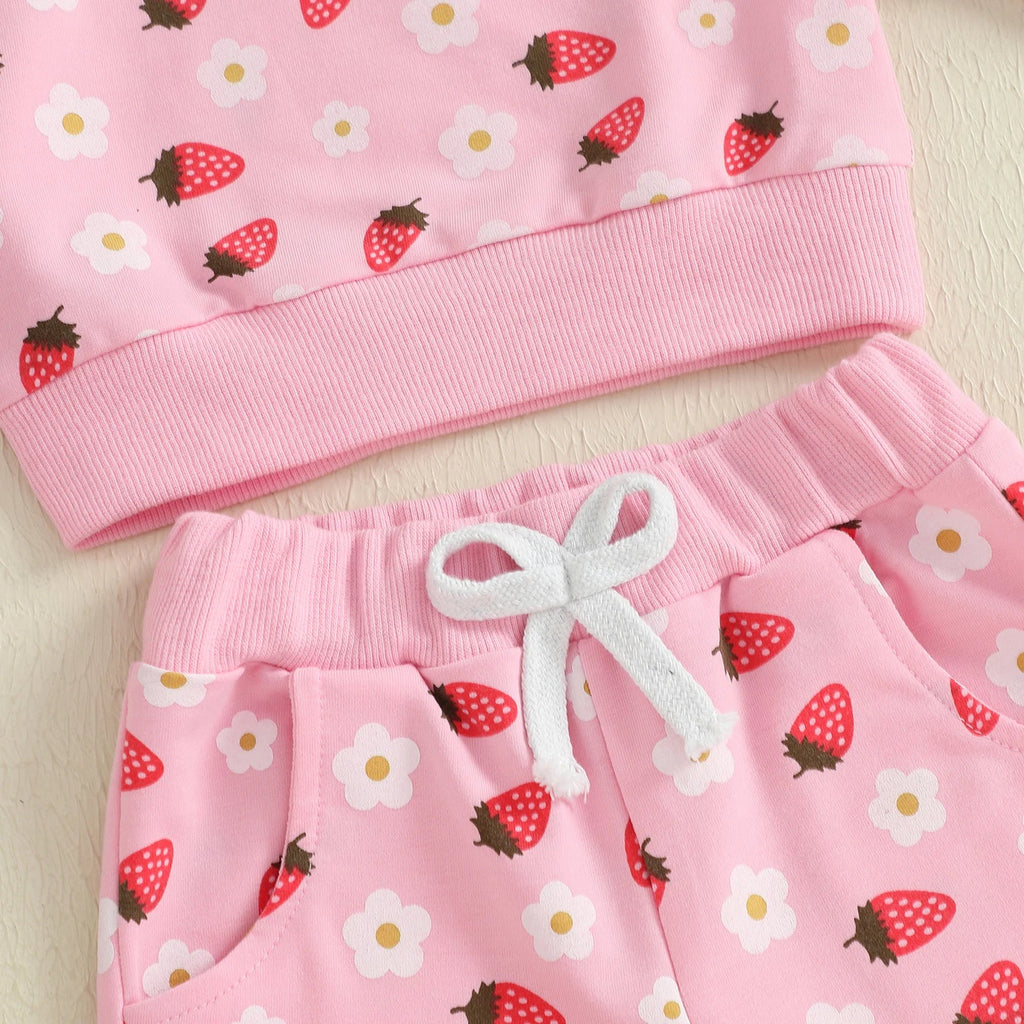 Conjunto de 2 piezas de otoño para bebé niña, camiseta de manga larga con cuello redondo y pantalones deportivos con estampado de flores de fresa