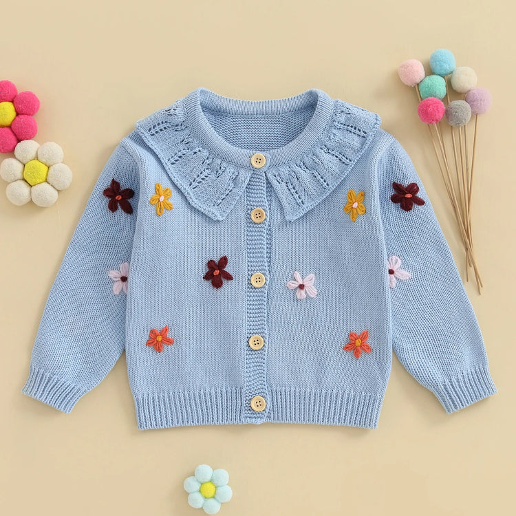Suéter tipo cárdigan para bebé niña, diseño de flores en 3D, botones, manga larga, tejido