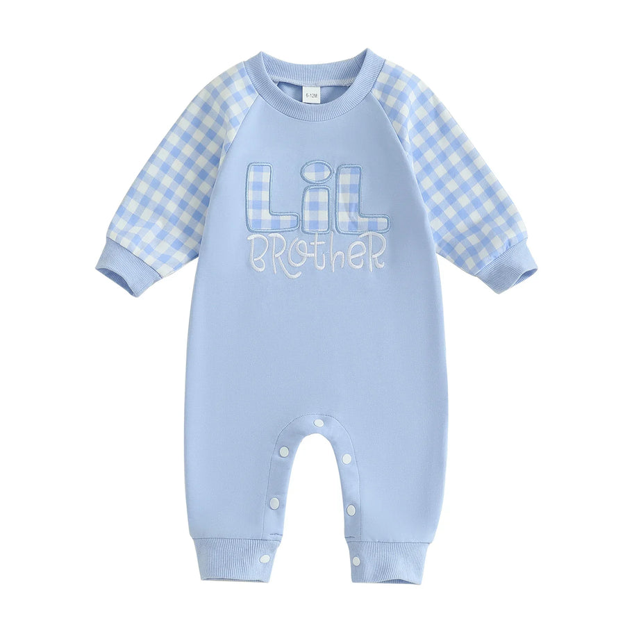 Mono de otoño para bebé niño pequeño Lil Brother con estampado de cuadros y letras bordadas, manga larga, cuello redondo y largo completo