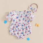 Conjunto de 2 piezas para niña bebé para el 4 de julio, con estampado de corazones y estrellas, cuello redondo con volantes, manga corta y diadema con lazo