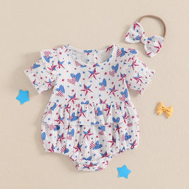 Conjunto de 2 piezas para niña bebé para el 4 de julio, con estampado de corazones y estrellas, cuello redondo con volantes, manga corta y diadema con lazo