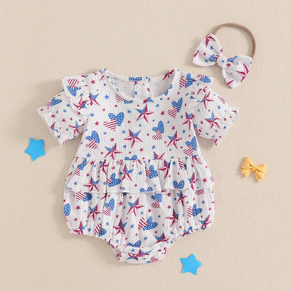 Conjunto de 2 piezas para niña bebé para el 4 de julio, con estampado de corazones y estrellas, cuello redondo con volantes, manga corta y diadema con lazo