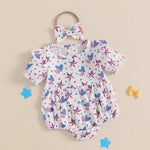 Conjunto de 2 piezas para niña bebé para el 4 de julio, con estampado de corazones y estrellas, cuello redondo con volantes, manga corta y diadema con lazo