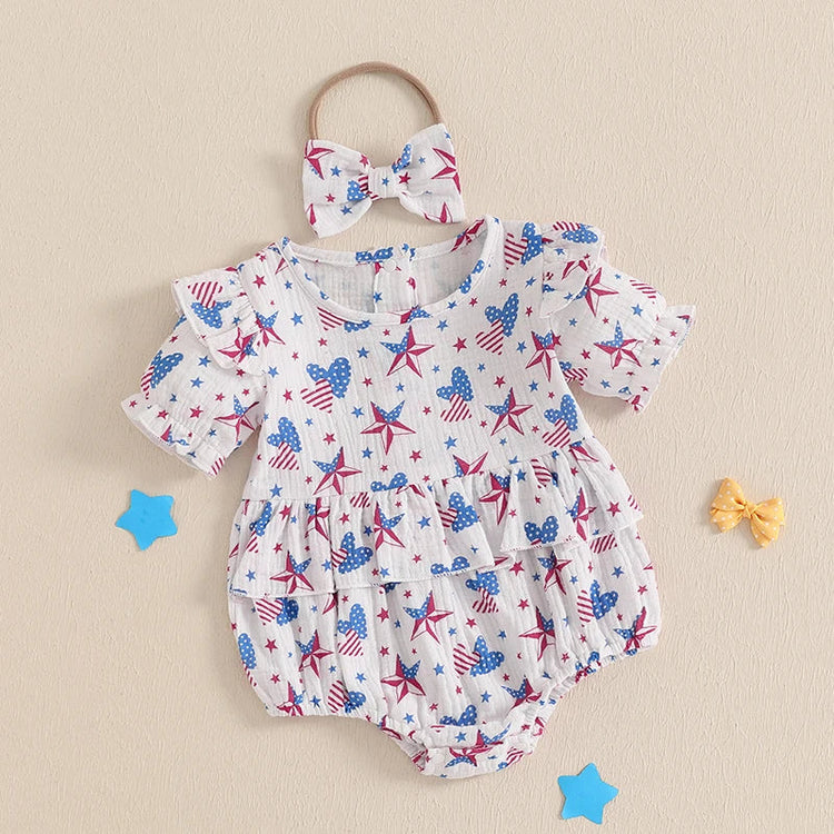 Conjunto de 2 piezas para niña bebé para el 4 de julio, con estampado de corazones y estrellas, cuello redondo con volantes, manga corta y diadema con lazo