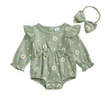 Mono de otoño para niña con estampado de margaritas, manga larga, cuello redondo, lazo y diadema