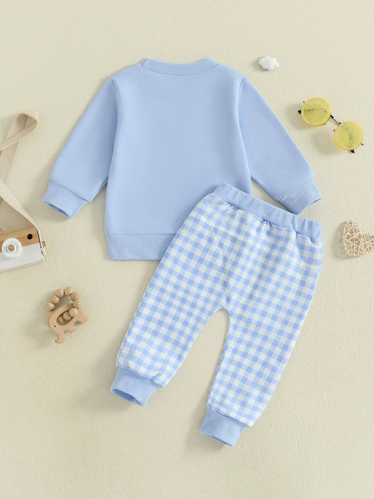 Conjunto de 2 piezas para bebé niño pequeño, otoño, con letras bordadas, camiseta de manga larga y pantalones elásticos a cuadros