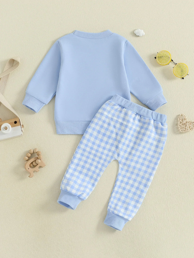 Conjunto de 2 piezas para bebé niño pequeño, otoño, con letras bordadas, camiseta de manga larga y pantalones elásticos a cuadros